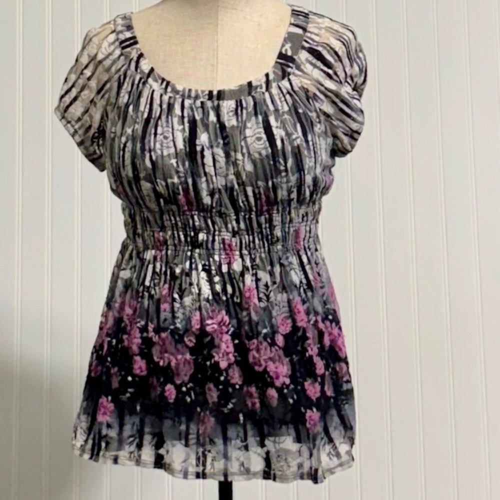 Y2K‎ DM Donna Moore Smocked Mesh Overlay Top Floral Fairy Grunge Whimsigoth M